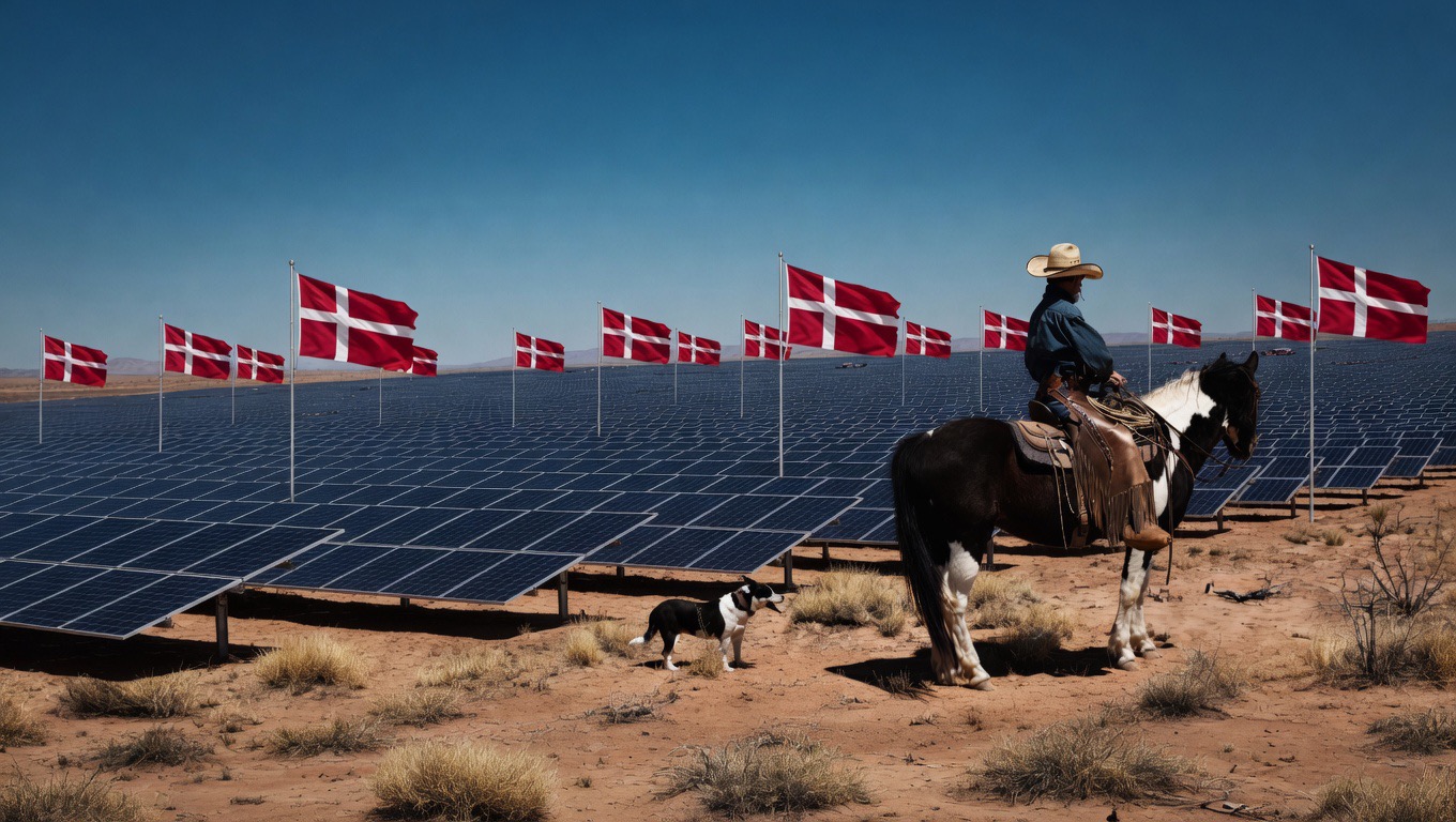 Cowboy on horseback surveys Danish-flagged solar installation on Arizona desert rangeland.